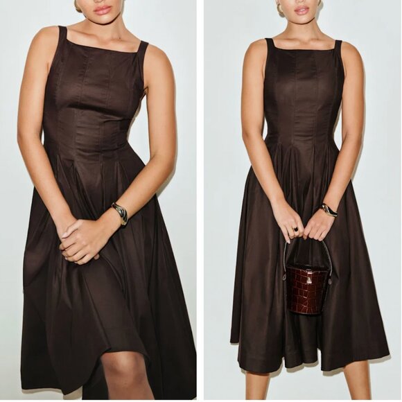 NEW Reformation Jovana Midi Dress Sz2 Mole Chocolate Brown Square-Neck Cotton